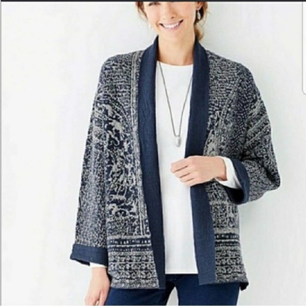 J. Jill Navy and Gray Open-Front Patterned Cardigan